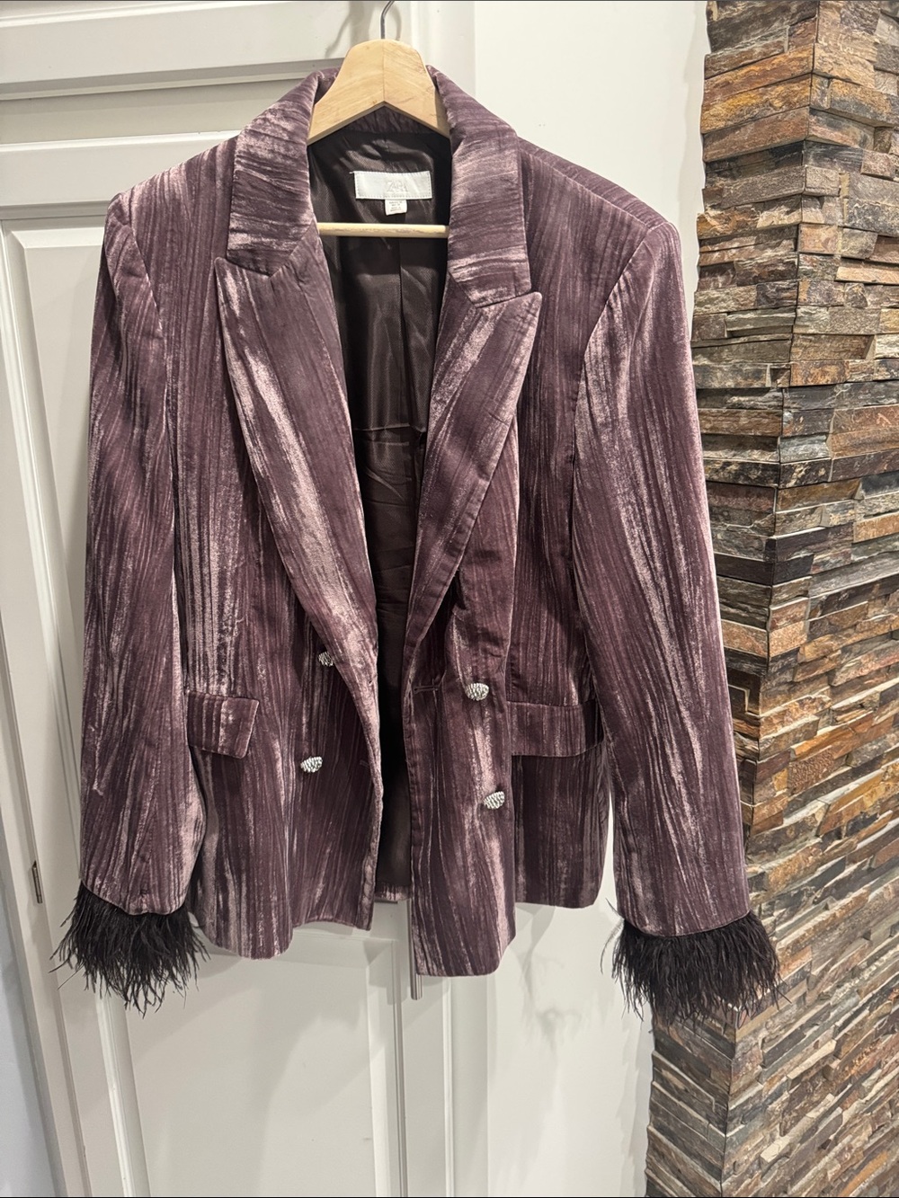 Plum Velvet Feather-Cuff Blazer
